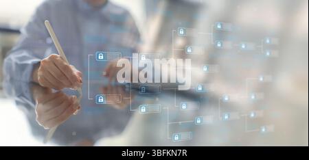 ata Encryption and Cybersecurity Technology Concept Illustrated on VIrtual Screen. Stock Photo