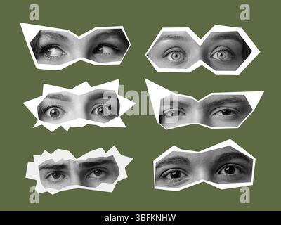 Different expressions of surprise and curiosity shown through various eyes on a textured green background Stock Photo