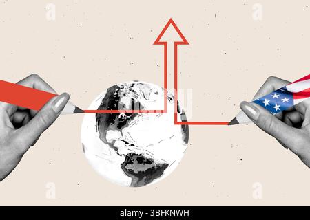3d image full photo collage of hands draw arrow pointer map economy progress statistics united states of america flag pencil Stock Photo