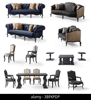 Classic blue furniture in a separate set isolated on white background . sofa , armchair , table and chair , dining table Stock Photo