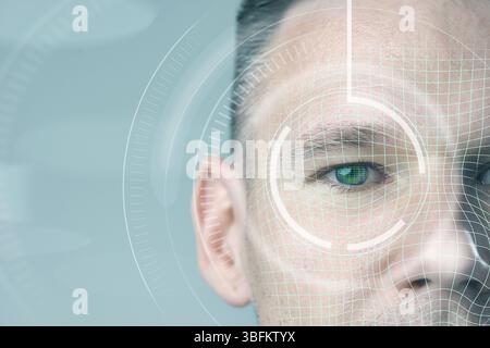 Close-up of a person's eyes showing advanced biometric facial recognition technology in a futuristic setting Stock Photo