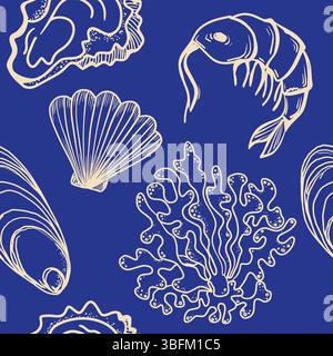La dolce vita themed seamless pattern with Seafood. The Scallop, Shrimp, Coral, Oyster with hand drawn contour on blue background. Monochrome vector inspired by Summer Italian aesthetic. Stock Vector