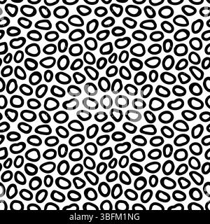 Irregular animalistic seamless pattern with hand drawn pencil textured ring shapes. Fun background with sketchy scribble spots in black and white Stock Vector