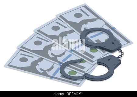 Isometric vector illustration of handcuffs on top of dollar bills. The image symbolizes financial crime, fraud, bribery, and corruption, perfect for Stock Vector