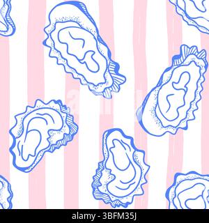 La dolce vita themed seamless pattern with Oysters. Seashells print with hand drawn blue contour on pink and white striped background. Hand-drawn vector inspired by Summer Italian aesthetic. Stock Vector