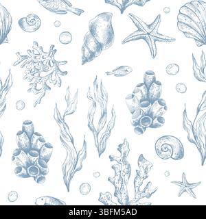 Marine underwater clip art with shells, sea sponges, corals, starfish, pebbles, seaweed, fish, bubbles. Graphic illustration hand drawn in blue ink Stock Vector