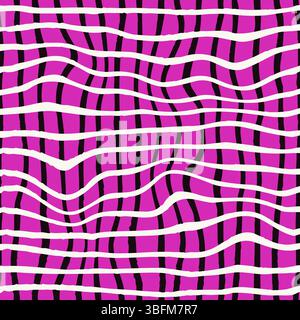 Wavy brush stroke seamless pattern on magenta background. Seamless psychedelic pattern of hand drawn wavy stripes. Optical illusion effect. Vector ill Stock Vector