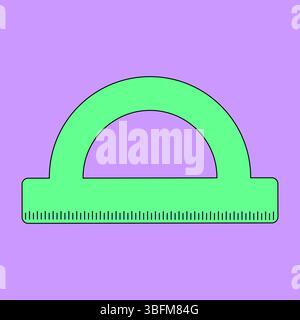 Green school classic protractor ruler on purple background. Flat cartoon educational tool for measuring and drawing. For back to school theme, educati Stock Vector
