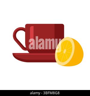 Red cup of coffee or tea with half a lemon next to it. Vector illustration. Flat style. Suitable for cafe design, posters, banners, postcards, kitchen Stock Vector