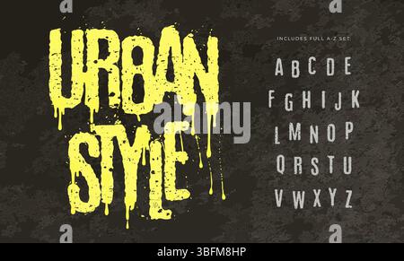 Graffiti brush alphabet, dripping ink letters, textured urban font for rebellious branding, bold headline style, freestyle street typography, hiphop Stock Vector