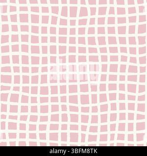 Groovy 70s checkered background with wavy brush strokes and vertical stripes. Distorted retro texture with hand drawn grid of square in pastel pink co Stock Vector