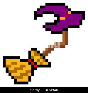 Magic broom witch hat in pixel art style Stock Vector