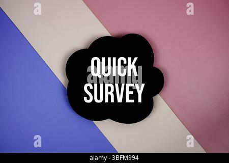 Quick Survey text on speech bubble top view on purple geometric background Stock Photo