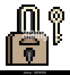 Padlock and key in pixel art style Stock Vector