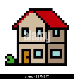 Two-story house building in pixel art Stock Vector