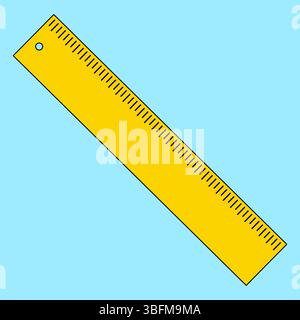 Illustration yellow school classic ruler on blue background. Flat cartoon educational tool for measuring and drawing. For back to school theme, educat Stock Vector