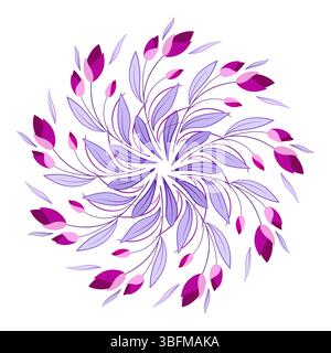 Gentle round ornament of tulips. Cute decor of pink purple leaves and flowers. Swirling plant mandala of curved leaves and flowers. Floral wreath on w Stock Vector