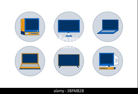 Computers and monitors in circular icons 2D cartoon objects set Stock Vector