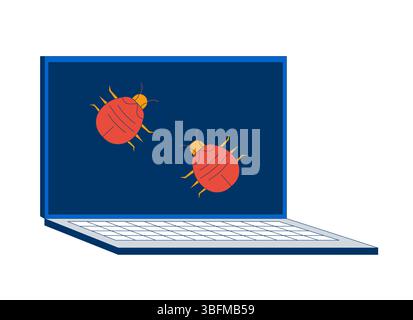 Computer bugs crawling on laptop screen 2D cartoon object Stock Vector