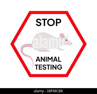 Laboratory mouse inside red hexagonal stop sign. Raise awareness of animal testing issues and ethical treatment of animals Stock Vector