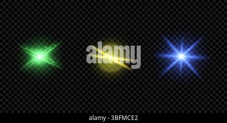 Glowing green, yellow, and blue star bursts radiate with sparkles, creating a stunning design element on a dark background, festive celebrations and v Stock Vector