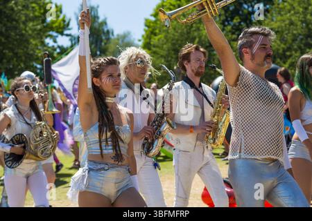 The Big Float, Portland, Oregon - July 15th 2017: Musicians in costume march and play instruments during the annual Big Float parade. Stock Photo