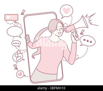 An illustration that shows a woman actively engaging with different concepts related to social media and communication Stock Vector