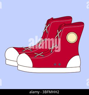 Red high top sneakers vector cartoon flat illustration with white soles and laces on light blue background. Physical education lesson. For back to sch Stock Vector