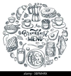 Breakfast menu concept. Vector hand drawn sketch illustration of morning meal isolated on white background. Coffee, croissant, sandwiches, juice and e Stock Vector