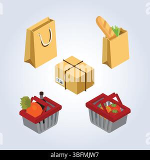 Shopping bag and paper bag, and also a fruit basket with an abstract background Stock Vector