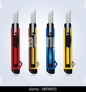 Cutter Blades in different colors, paper cutter with abstract background Stock Vector