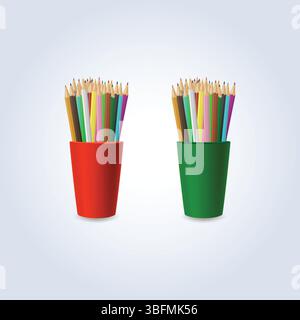 Pencil holder office desk stationery box holder in red and green color with an abstract background Stock Vector