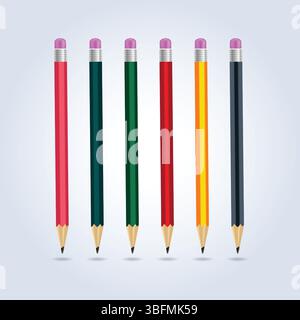 Lead pencils in multicolor with a sharp tip and a rubber on top with an abstract background Stock Vector