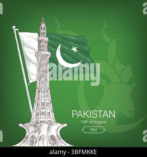 Minar-e-Pakistan with flag social media banner with markhor background Stock Vector
