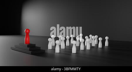 HR, success, and innovation themes. 3D leadership concept with a red wooden figure standing on a podium in front of white figures, symbolizing leaders Stock Photo