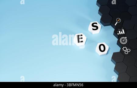 Three white hexagonal ิblock clearly spell SEO on a serene blue background, accompanied by relevant digital marketing icons, symbolizing search engine Stock Photo