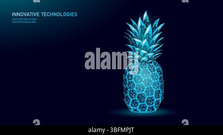 Low poly pineapple illustration. Polygonal fruit digital graphic design. Food skincare enzyme exfoliation. Bromelain extract gradient background neon Stock Vector