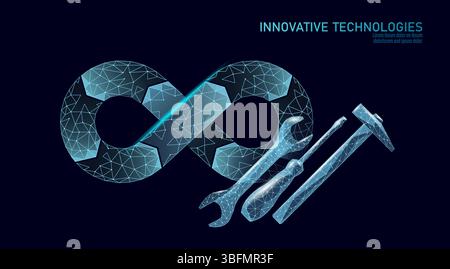 DevOps infinity loop concept with tools. Continuous process automation pipeline engineering artwork. Software development system integration repair. Stock Vector