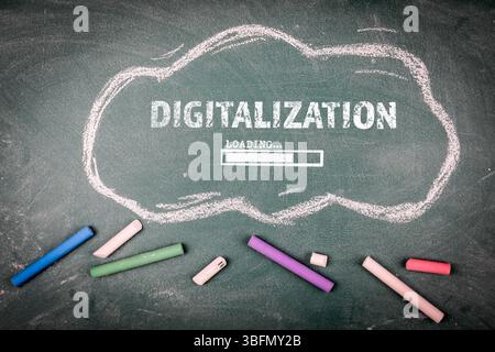 Digitalization Concept with Loading Bar Drawn on Chalkboard and Colorful Chalk Sticks. Stock Photo