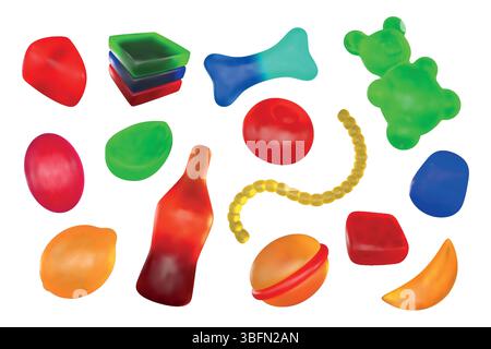Gummy candy. 3d jelly sweets, cola bottle or fruit soft bubble gum. Cute lollipop sticker, children sugar animals. Gelatin dessert different forms. Marmalade bears. Vector confectionery isolated set Stock Vector