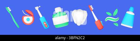 3d toothpaste. Toothbrush, dental tooth. Brush, paste for oral teeth hygiene. Dentistry fluoride mouthwash, chewing gum. Render minimal isolated elements, stomatology healthcare vector cute icons Stock Vector