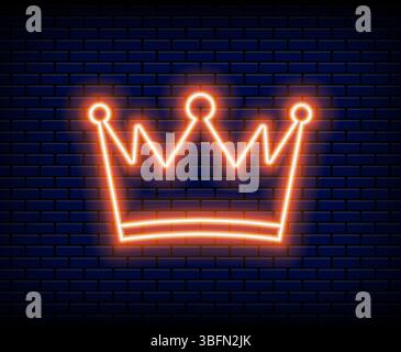 Neon crown. King and queen royal imperial symbol, light and brick wall on background. Luxury princess or prince monarch symbol. Emperor accessory. Decoration element. Vector isolated illustration Stock Vector