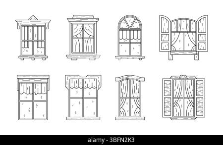 Doodle window. Black and white sketch open on building wall. Home outline shutters outside. Curtains inside house. Closed glass casements. Architecture construction windowsill. Vector line graphic set Stock Vector