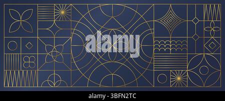 Line art pattern. Abstract circle background. Luxury ornament frame. Graphic invitation border. Elegant card. Gold outline motif. Decoration with geometric and floral elements. Vector design banner Stock Vector