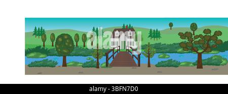 Cartoon hills and fields, nature panorama landscape background design Stock Vector