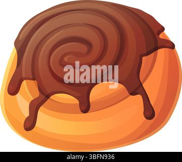 Chocolate glazed cinnamon roll bun in cartoon style, isolated on white Stock Vector
