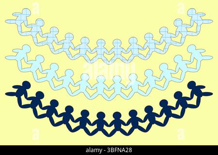 Cute flat cartoon vector illustration with set paper chain of human figures in a curve on yellow background. For back to school theme, education visua Stock Vector