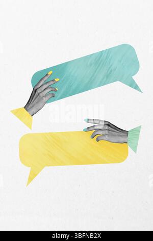 3D photo collage trend sketch template artwork of two hands style manicure hold textbox sticker note comment message bubble empty space Stock Photo
