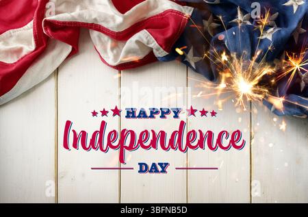 Happy Independence Day Card - Usa Flag With Sparkler On White Wooden Plank Stock Photo