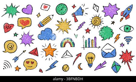 Colorful crayon doodle illustrations with strokes. Set include stars, hearts, and abstract shapes. Hand-drawn creativity enhances the charm. Perfect a Stock Vector